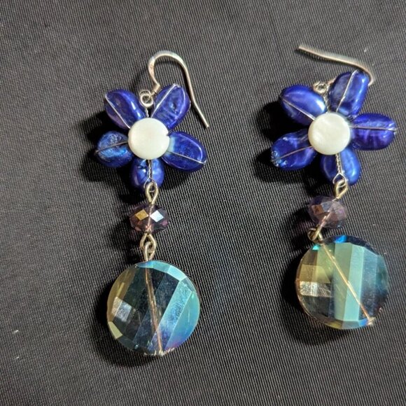 Blue & White Floral Beaded Dangle Earrings With Faceted Crystal Pendants c - Picture 3 of 5